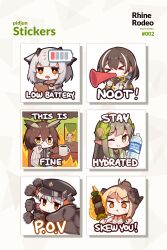 &gt;_&lt; 6+girls :t ;) absurdres afterimage arknights battery_indicator black-framed_eyewear black_gloves black_headwear blush bottle brown_eyes brown_hair chibi closed_eyes closed_mouth commentary cropped_torso cup drooling english_commentary english_text fire food glasses gloves grey_hair greypidjun hair_between_eyes hat highres holding holding_bottle holding_food holding_megaphone horns ifrit_(arknights) jacket looking_at_viewer magallan_(arknights) megaphone meme mole mole_under_eye muelsyse_(arknights) mug multicolored_hair multiple_girls one_eye_closed open_clothes open_jacket open_mouth orange_eyes parted_bangs peaked_cap pointy_ears ptilopsis_(arknights) rapid_punches saliva saria_(arknights) saria_(the_law)_(arknights) semi-rimless_eyewear silence_(arknights) sitting skewer smile streaked_hair table this_is_fine_(meme) under-rim_eyewear upper_body v-shaped_eyebrows water_bottle white_hair white_jacket