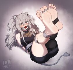 1girl ahoge animal_ear_fluff artist_logo ball_gag bare_shoulders barefoot black_nails black_skirt blush bound bound_ankles bound_legs breasts cleavage commentary commission difman ear_piercing english_commentary feet foot_focus foreshortening from_above full_body gag gold_necklace grey_background grey_eyes grey_hair hair_between_eyes hololive jewelry large_breasts legs_up lion_girl lion_tail logo long_hair looking_at_viewer lying miniskirt nail_polish necklace no_shoes on_back piercing shirt shishiro_botan shishiro_botan_(1st_costume) single_leg_pantyhose skirt sleeveless sleeveless_shirt soles solo spread_toes stirrup_legwear sweat tail thigh_strap thighs toeless_legwear toenail_polish toenails toes virtual_youtuber