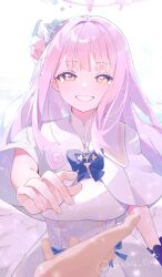 1boy 1girl beckoning blue_archive blush breasts capelet commentary dress feathered_wings grin hair_bun halo highres kurenai_no_hikou-tei long_hair looking_at_viewer medium_breasts mika_(blue_archive) pink_hair pov pov_hands scrunchie simple_background single_side_bun smile teardrop tears twitter_username very_long_hair white_background white_capelet white_dress white_wings wings wrist_scrunchie