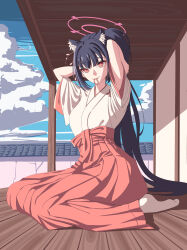 1girl absurdres animal_ear_fluff animal_ears black_hair blue_archive cat_ears cat_girl chojja closed_mouth hair_tie_in_mouth hakama highres holding holding_own_hair japanese_clothes kimono long_hair mouth_hold official_alternate_costume official_alternate_hairstyle red_eyes red_hakama seiza serika_(blue_archive) serika_(new_year)_(blue_archive) short_sleeves sidelocks sitting smile socks solo tying_hair white_kimono white_socks