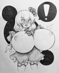 1girl breast_expansion breasts greyscale huge_breasts large_breasts monochrome non-web_source ribbon rimota12 rumia touhou