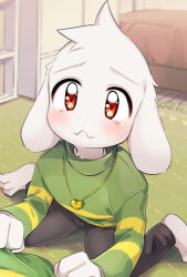 1boy 1other asriel_dreemurr black_pants blush chara_(undertale) goat_boy green_sweater heart heart_necklace highres jewelry leftporygon male_focus necklace out_of_frame pants red_eyes sitting sweater tearing_up undertale wariza