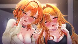 2girls alternate_breast_size alternate_costume black_choker black_hair black_shirt blurry blurry_background blush breasts cable_knit choker cleavage dual_persona finger_to_cheek fingernails hair_between_eyes hair_intakes hand_up heart heart-shaped_pupils highres indoors kazami_kuku large_breasts light_particles long_hair long_sleeves looking_at_viewer medium_hair multicolored_hair multiple_girls nanashi_inc. off-shoulder_sweater off_shoulder open_mouth orange_hair red_hair reona_kfc02 saliva shirt short_sleeves smile strap_slip streaked_hair suggestive_fluid sweater symbol-shaped_pupils t-shirt textless_version tongue tongue_out upper_body virtual_youtuber white_sweater wolf_cut
