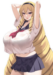 1girl arms_behind_back black_bra black_hairband blonde_hair bloom blush bra bra_visible_through_clothes breasts drill_hair from_side hair_between_eyes hairband highres huge_breasts kaneda_maria kusano_(torisukerabasu) long_hair looking_at_viewer midriff mount_celeb_kaneda-san navel necktie open_mouth pleated_skirt purple_eyes red_necktie school_uniform shadow shirt shirt_overhang simple_background skirt smile solo teeth twin_drills underwear upper_teeth_only very_long_hair white_background white_shirt