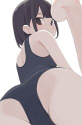1girl ass barefoot black_eyes black_hair black_one-piece_swimsuit commentary from_behind highres hiroki_(yyqw7151) looking_at_viewer looking_back one-piece_swimsuit original short_hair simple_background solo swimsuit white_background