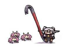 aura_(sousou_no_frieren) bespectacled black-framed_eyewear chibi cosplay crowbar elf frieren glasses gordon_freeman gordon_freeman_(cosplay) half-life half-life_(series) half-life_1 headcrab hev_suit holding holding_crowbar pointy_ears purple_hair rectangular_eyewear simple_background sousou_no_frieren twintails wersman white_background white_hair