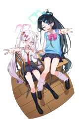Rule 34 | 2girls, :d, absurdly long hair, absurdres, aqua halo, aris (blue archive), black hair, black skirt, black socks, blue archive, blue cardigan, blue eyes, blue halo, bow, bowtie, candy, cardigan, desk, food, hair between eyes, hair ornament, hairclip, halo, highres, kei (blue archive), kei (new body) (blue archive), loafers, long hair, long hair between eyes, looking at viewer, loose socks, momip, multiple girls, necktie, on desk, one side up, open mouth, pink bow, pink bowtie, pink eyes, pink halo, pleated skirt, rectangular halo, red necktie, ringed eyes, school uniform, shirt, shoes, sitting, skirt, smile, socks, thighs, twintails, v, very long hair, white shirt, white socks