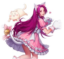 Rule 34 | 1girl, animal ears, asamiya athena, bend, bent over, cat, cat ears, cat girl, cat tail, costume, dress, female focus, from behind, gloves, heart, long hair, looking at viewer, looking back, pale skin, purple eyes, purple hair, skirt, smile, smiley face, tail, the king of fighters, thighs