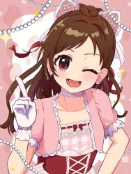 1girl ;d antenna_hair blush brown_hair collarbone commentary_request corset cropped_jacket dress gem gloves highres hijirin_dere idolmaster idolmaster_cinderella_girls idolmaster_cinderella_girls_starlight_stage index_finger_raised jacket long_hair looking_at_viewer official_alternate_costume one_eye_closed open_mouth pearl_(gemstone) pink_dress pink_jacket red_eyes short_sleeves smile solo sparkle tsujino_akari upper_body white_gloves