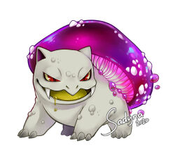 Rule 34 | alternate element, animal focus, claws, commentary, creatures (company), drooling, english commentary, fangs, full body, game freak, gen 1 pokemon, ivysaur, nintendo, no humans, open mouth, poison, pokemon, pokemon (creature), red eyes, sadynax, signature, simple background, solo, v-shaped eyes, white background