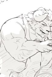 2boys bara blush chernobog_(housamo) chest_tuft curled_horns face-to-face faceless faceless_male facial_hair foreplay forked_eyebrows furry furry_male furry_with_non-furry goatee greyscale horns huge_pectorals interspecies male_focus minotaur monochrome multiple_boys muscular muscular_male mustache nanaisan_(713) pencil_mustache protagonist_3_(housamo) short_hair size_difference sketch tank_top thick_eyebrows tokyo_houkago_summoners translation_request tusks yaoi