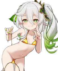 1girl :3 absurdres bikini bikini_pull blush clothes_pull elf finger_to_cheek genshin_impact gold_bikini gradient_hair green_eyes green_hair green_nails highres loli multicolored_hair nahida_(genshin_impact) nail_polish oishi_kuwagata pointy_ears string_bikini string_pull swimsuit white_hair
