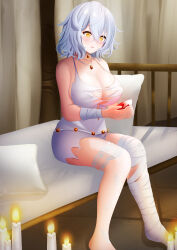 1girl absurdres bandaged_arm bandaged_leg bandages bare_shoulders blood_bead breasts candle cleavage code_vein collarbone covered_erect_nipples dress elegant_(sumisumi4268) feet_out_of_frame hair_between_eyes highres indoors io_(code_vein) large_breasts on_bed pillow short_hair sitting sleeveless sleeveless_dress solo torn_clothes torn_dress white_dress white_hair yellow_eyes