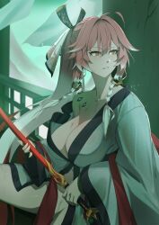 1girl alternate_costume body_markings braid breasts bright_pupils changli_(wuthering_waves) collarbone commentary hair_extensions highres holding holding_sword holding_weapon large_breasts long_hair looking_to_the_side multicolored_hair onshigou parted_lips pink_hair ponytail ring_hair_extensions robe single_bare_shoulder single_off_shoulder solo sword twin_braids two-tone_hair upper_body very_long_hair weapon white_hair white_pupils white_robe wuthering_waves yellow_eyes