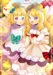 2girls :d :o bare_shoulders blonde_hair brown_dress brown_sleeves cake cherry collarbone commentary_request commission detached_sleeves dress duel_monster food fruit fur-trimmed_dress fur-trimmed_sleeves fur_trim jewelry kou_hiyoyo long_hair long_sleeves madolche_petingcessoeur madolche_puddingcess multiple_girls necklace open_mouth pearl_necklace purple_eyes skeb_commission smile strapless strapless_dress strawberry tiara very_long_hair white_dress yu-gi-oh!