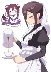 1girl absurdres animal_ears apron black_dress blush brown_hair chibi chibi_inset closed_eyes closed_mouth cup dog_ears dog_tail dress hair_ribbon highres holding holding_cup holding_teapot kimi_no_koto_ga_dai_dai_dai_dai_daisuki_na_100-nin_no_kanojo long_sleeves maid maid_apron meido_mei obashiso pouring ribbon simple_background solo tail tail_wagging teacup teapot white_apron white_background white_ribbon