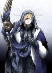 Rule 34 | 1boy, areadbhar (fire emblem), arm up, armor, black armor, black fur, blonde hair, blue cape, blue eyes, blue scarf, breastplate, cape, closed mouth, commentary request, cowboy shot, dimitri alexandre blaiddyd, dimitri alexandre blaiddyd (timeskip), double-parted bangs, eyepatch, fire emblem, fire emblem: three houses, fur-trimmed cape, fur trim, gauntlets, gem, hair between eyes, halo, hand on own chest, highres, holding, holding polearm, holding weapon, hood, hood up, looking to the side, male focus, megubiru, nintendo, one eye covered, ornate weapon, polearm, red gemstone, scarf, smile, solo, standing, weapon, white fur