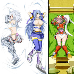 Rule 34 | 3girls, animal, armor, armored boots, arms behind head, arms up, ass, azure (armor), bandeau, bed sheet, belt, blue skirt, boots, breasts, buckle, capcom, cat, cleavage, closed eyes, collarbone, crotch seam, felyne, from above, full body, fur trim, hermitaur (armor), highres, huge breasts, kirin (armor), knee boots, large breasts, looking at viewer, lying, monster hunter (series), multiple girls, mun, on back, on side, panties, pleated skirt, pointy ears, profile, sideboob, skirt, smile, thighhighs, underboob, underwear, vest, whiskers, white panties