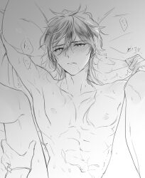 2boys blush genshin_impact gils3105 gloves greyscale hand_on_another&#039;s_thigh image_sample leg_up lying monochrome multiple_boys on_back on_bed pillow pillow_grab pixiv pixiv_sample pov pov_hands sex spread_legs tartaglia_(genshin_impact) white_background yaoi zhongli_(genshin_impact)
