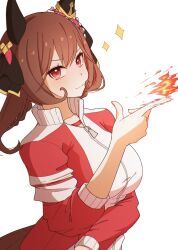 1girl :3 absurdres animal_ears breasts brown_hair ear_covers from_side gentildonna_(umamusume) hair_ribbon highres horse_ears horse_girl horse_tail jacket jagili_noe large_breasts looking_at_viewer looking_to_the_side red_eyes red_jacket ribbon simple_background snapping_fingers solo sportswear tail tracen_training_uniform umamusume upper_body white_background