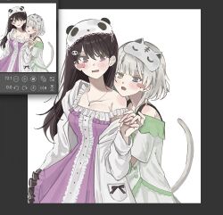 2girls art_program_in_frame b0ch0im bang_dream! bang_dream!_it&#039;s_mygo!!!!! black_hair blue_eyes blush cat_girl cat_tail collarbone commentary dress fang hair_ornament hashtag-only_commentary heterochromia holding_hands jacket jewelry kaname_raana kemonomimi_mode long_hair long_sleeves mole mole_under_eye multiple_girls necklace open_mouth pajamas panda_hair_ornament purple_dress purple_eyes shiina_taki shirt short_hair short_sleeves skin_fang sleep_mask strap_slip tail white_hair white_jacket white_shirt yellow_eyes yuri