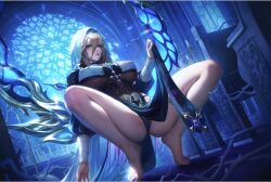 Rule 34 | 1girl, aponia (honkai impact), barefoot, black dress, black panties, blonde hair, blue eyes, breasts, cameltoe, candle, chinese commentary, church, clothes lift, commentary request, dress, feet, honkai (series), honkai impact 3rd, indoors, large breasts, medium hair, mr xior, nun, panties, pelvic curtain, pelvic curtain lift, solo, squatting, toes, underboob, underwear, veil, white veil
