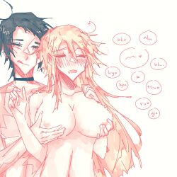 1boy 1girl ahoge alicein_mikuni antenna_hair black_hair blonde_hair genderswap genderswap_(mtf) grabbing_another&#039;s_breast groping hetero kamiya_tsurugi long_hair lowres nude scar servamp short_hair tongue topless_male yellow_eyes zurarueu