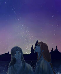 Rule 34 | 2boys, artist name, black hair, cousins, elf, fingon, highres, long hair, looking at another, looking up, maedhros, male focus, mintkim, multiple boys, pointy ears, prince, profile, red hair, robe, sky, star (sky), starry sky, the silmarillion, tolkien&#039;s legendarium, tree, upper body