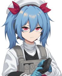 1girl act_(xadachit) ammunition_pouch blue_gloves blue_hair chest_rig colphne_(girls&#039;_frontline_2) commentary facing_viewer frown girls&#039;_frontline girls&#039;_frontline_2:_exilium gloves gun hair_between_eyes hair_ribbon handgun hat highres holding holding_gun holding_weapon jacket pouch red_eyes red_ribbon ribbon simple_background solo taurus_curve turtleneck turtleneck_jacket twintails upper_body weapon white_background white_hat white_jacket