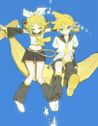 1boy 1girl aqua_eyes banana black_shorts blonde_hair blue_background closed_mouth detached_sleeves food fruit highres kagamine_len kagamine_rin kaiaik_(zheliakaina) medium_hair midriff navel open_mouth shorts smile vocaloid
