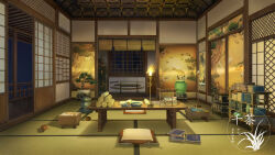 artist_logo bamboo_screen board_game bonsai candle candlestand cushion door go_(board_game) highres indoors katana logo no_humans original painting_(object) plant potted_plant scenery scroll shelf shouji sliding_doors sword table teapot vase weapon xingzhi_lv
