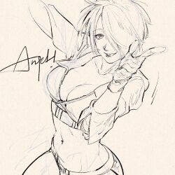 1girl angel_(kof) breasts female_focus gloves huge_breasts jacket large_breasts looking_at_viewer naokotoysk panties short_hair smile the_king_of_fighters underwear verdiedell white_hair