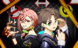 1boy 1girl adjusting_eyewear alternate_costume ayase_momo back-to-back black_choker black_hair black_jacket blue_hoodie blurry blurry_background brown_eyes brown_hair choker commentary_request dandadan earrings floating_earring from_side ghostbusters glasses grin hair_behind_ear hair_between_eyes hair_ornament hair_scrunchie holding holding_microphone hood hood_down hoodie jacket jewelry long_sleeves looking_at_viewer looking_to_the_side low_ponytail medium_hair microphone nail_polish nanghea291 open_mouth ponytail round_eyewear scrunchie short_hair side_ponytail sleeves_past_wrists smile takakura_ken_(dandadan) upper_body wristband yellow_nails