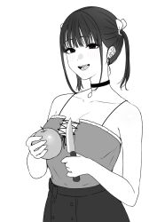 1girl absurdres apple blush breasts choker cleavage collarbone earrings food fruit greyscale highres holding holding_food holding_fruit holding_knife jewelry jirai_kei knife looking_at_viewer monochrome open_mouth original piercing short_twintails simple_background solo tantanmen72 tongue_piercing twintails white_background
