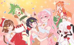 3am 6+girls :q absurdres alcohol antlers arthropod_girl bell black_hair black_sclera black_tongue blue_eyes blush bone bone_hair_ornament bow box brown_gloves brown_hair cake callie_calico candy candy_cane candy_cane_hair_ornament cat_girl cat_tail champagne chicken_(food) chicken_leg christmas christmas_present closed_mouth colored_sclera commentary confetti coqui_saporana covering_privates cup dress earrings english_commentary english_text fake_antlers fang_guu fangguu_(artist) fangs flower food food-themed_hair_ornament forked_tongue frog_tail fruit gift gloves green_hair hair_bow hair_flower hair_ornament hand_on_another&#039;s_shoulder hand_on_own_face hat highres holding holding_cake holding_cup holding_food holding_mistletoe horns indie_virtual_youtuber insect_girl jewelry lipstick long_hair lyra_calyptra maggot makeup meat_(vtuber) medium_hair mistletoe monkey_tail moth_girl multiple_girls neck_bell nude_cover official_art olivia_monroe open_mouth orange_hair outline pink_dress pink_hair pink_hat poinsettia pointy_ears pout red_bow red_dress red_eyes red_flower red_hat red_ribbon reindeer_antlers ribbon scar scar_across_eye scar_on_face skin_fangs smile sparkle strawberry tadpole_tail tail teeth thick_eyebrows tongue tongue_out topknot twintails v-shaped_eyebrows virtual_youtuber white_hair white_outline yellow_eyes yuri