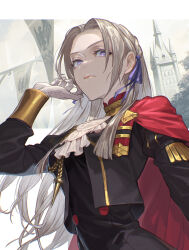 1girl absurdres ascot breasts cape closed_mouth commentary_request edelgard_von_hresvelg fire_emblem fire_emblem:_three_houses floating_hair forehead garreg_mach_monastery_uniform gloves grey_hair hair_ribbon highres lips long_hair long_sleeves looking_at_viewer medium_breasts mixed-language_commentary monmon_(monmon474) nintendo pink_lips purple_eyes purple_ribbon red_cape ribbon solo white_ascot white_gloves