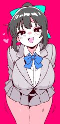1girl :d aqua_bow arms_behind_back black_eyes black_hair blue_bow blue_bowtie blush bow bowtie bungeiman_masa collared_shirt cowboy_shot grey_shirt grey_sleeves grey_vest heart heart-shaped_pupils highres lapels leaning_forward long_hair looking_at_viewer notched_lapels open_mouth original pink_background pleated_skirt ponytail school_uniform shirt simple_background skirt smile solo sweat symbol-shaped_pupils thighs tongue vest white_shirt
