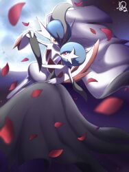 alternate_color arm_blade black_dress black_gloves blue_hair colored_skin commentary dancing dress elbow_gloves falling_petals gallade gardevoir gen_3_pokemon gen_4_pokemon gloves hand_on_another&#039;s_back holding_hands mega_gallade mega_gardevoir mega_pokemon moon night night_sky nintendo petals pink_eyes pokemon pokemon_(creature) shabana_may shiny_pokemon signature sky weapon white_skin