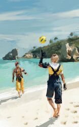 ball beach beachball black_overalls blitzball blonde_hair blue_pants blue_sky day final_fantasy final_fantasy_x from_behind fuyumurasaki gloves highres male_focus ocean outdoors overalls pants rock sand shirt short_hair sky standing tidus tree very_short_hair wakka walking water yellow_shirt