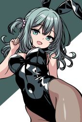 1girl :d absurdres alternate_costume animal_ears aqua_eyes aqua_hair arm_behind_back beads black_leotard breasts brown_pantyhose clenched_hand commentary covered_navel cowboy_shot ding36 eyelashes fake_animal_ears from_below green_background groin hair_beads hair_between_eyes hair_bun hair_ornament hand_up head_tilt highleg highleg_leotard highres large_breasts leotard long_hair looking_at_viewer looking_down open_mouth pantyhose playboy_bunny rabbit_ears riddle_joker shikibe_mayu simple_background single_side_bun smile solo tsurime two-tone_background white_background