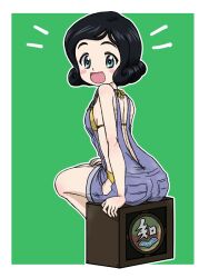 1girl ass bikini black_hair blue_eyes blush blush_stickers breasts girls_und_panzer green_background looking_at_viewer looking_back open_mouth overalls short_hair simple_background sitting small_breasts smile solo swimsuit takahashi_kurage teramoto_tomiko yellow_bikini