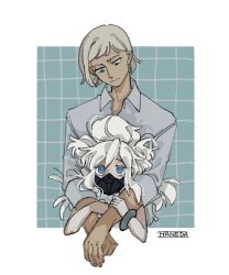 1boy 1girl artist_name blonde_hair blue_eyes border bracelet collared_shirt colored_eyelashes dark-skinned_male dark_skin deux_murasame freckles gates_capa green_background green_eyes grid_background gundam gundam_gquuuuuux hair_bun highres hug hug_from_behind jewelry jgv00089 long_hair mask messy_hair mouth_mask shirt short_hair single_hair_bun solo white_border white_hair