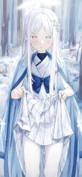 1girl absurdres blue_archive blue_bow blue_bowtie bow bowtie closed_mouth clothes_lift day hair_ornament halo hanakonenne haori highres japanese_clothes lifting_own_clothes long_hair nagusa_(blue_archive) outdoors pantyhose shirt skirt skirt_lift sleeveless sleeveless_shirt snow snowflake_hair_ornament solo tree white_hair white_halo white_pantyhose white_shirt white_skirt