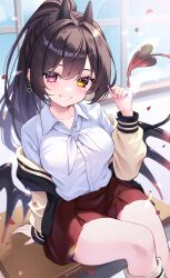 1girl absurdres breasts brown_hair collared_shirt commentary_request commission demon_tail desk eneru_(enepuni) grin heterochromia highres horns jacket long_hair looking_at_viewer medium_breasts miniskirt multicolored_jacket off_shoulder on_desk original pink_eyes ponytail red_skirt shirt shirt_tucked_in sitting skeb_commission skirt smile solo tail thighs two-tone_jacket white_shirt yellow_eyes