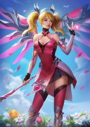 1girl absurdres alternate_hairstyle armor black_gloves black_skirt blonde_hair blue_eyes blue_sky breasts cleavage cloud cloudy_sky collarbone contrapposto cowboy_shot criss-cross_halter day dress elbow_sleeve eyelashes eyeliner eyeshadow facing_viewer female_focus fingerless_gloves fingernails gloves glowing glowing_wings greaves hai_wen hair_ribbon halo halterneck highres holding holding_staff leg_armor looking_to_the_side makeup mechanical_halo mechanical_wings medium_breasts medium_hair mercy_(overwatch) miniskirt nail_polish nose outdoors overwatch overwatch_1 petals pink_dress pink_gloves pink_legwear pink_lips pink_mercy pink_nails pink_ribbon pink_wings pleated_skirt ribbon skirt sky solo spread_wings staff standing wings