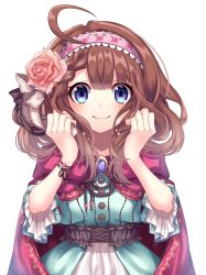 1girl absurdres ahoge ani_inako blue_dress blue_eyes blush brown_hair cape closed_mouth dame_x_prince dress flower hairband highres lolita_hairband long_sleeves looking_at_viewer nanahi_tsubaki pink_cape pink_flower pink_rose rose simple_background smile solo white_background