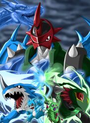 Rule 34 | absurdres, blue skin, blue wings, blurry, blurry background, bug, colored skin, digimon, digimon (creature), digimon adventure 02, dragon, evolutionary line, green skin, green vest, helmet, highres, horns, kds (0049), paildramon, red eyes, red hair, red helmet, seiryuu, sharp teeth, single horn, stingmon, teeth, v-mon, vest, wings, wormmon, xv-mon