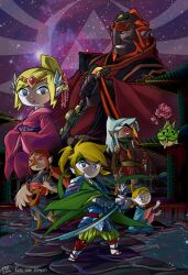 3boys 3girls absurdres armor artist_name aryll blonde_hair blue_eyes brown_hair closed_mouth colored_skin facial_hair flower galaxy ganondorf hair_ornament highres holding holding_sword holding_weapon instrument japanese_armor japanese_clothes katana kimono komali korok kunai light_particles link long_hair looking_at_viewer makar mask medli moon mouth_mask multiple_boys multiple_girls night night_sky ninja ninja_mask nintendo outdoors pink_kimono pointy_ears ponytail princess_zelda red_eyes red_hair rito samurai shoulder_armor sky smile space standing star_(sky) star_(symbol) starry_sky starry_sky_background sword the_legend_of_zelda the_legend_of_zelda:_the_wind_waker toon_link toon_zelda triforce vkliza weapon