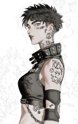 1girl absurdres anarchy_symbol black_hair black_shirt chain commentary cropped_shirt ear_piercing earclip elbow_cutout elbow_sleeve eyebrow_cut face_piercing facial_tattoo fade_(haircut) from_side grey_eyes highres lapefamm leviathan_cross looking_at_viewer looking_to_the_side mouth_piercing neck_tattoo nose_piercing number_tattoo original peace_symbol piercing punk russian_text shirt short_hair shoulder_tattoo sleeveless sleeveless_shirt solo stomach stomach_tattoo tattoo upper_body white_background