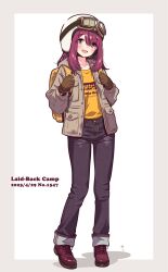 1girl :d backpack bag brown_hair denim gloves goggles goggles_on_headwear helmet highres jacket jagi_(jagi_souken) jeans long_hair motorcycle_helmet open_mouth pants simple_background smile solo toki_ayano yurucamp